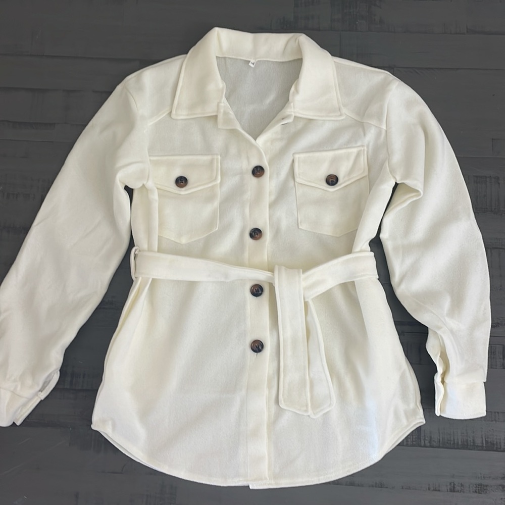 22Cream Pocket Button Belt Chic Boho Brush Utility fitted lightweight shacket - Picture 6 of 8